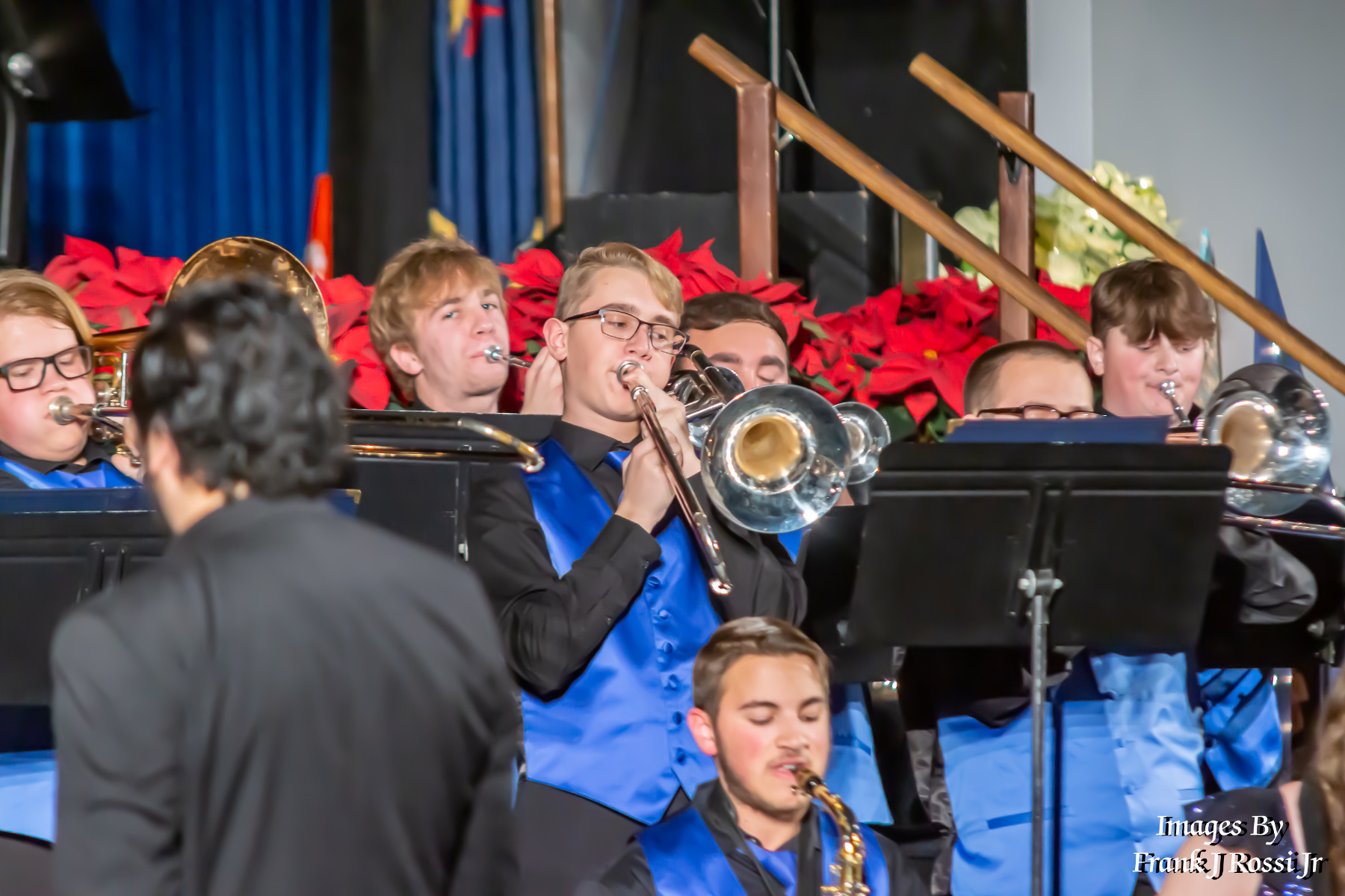 Eli playing the trombone in jazz band.