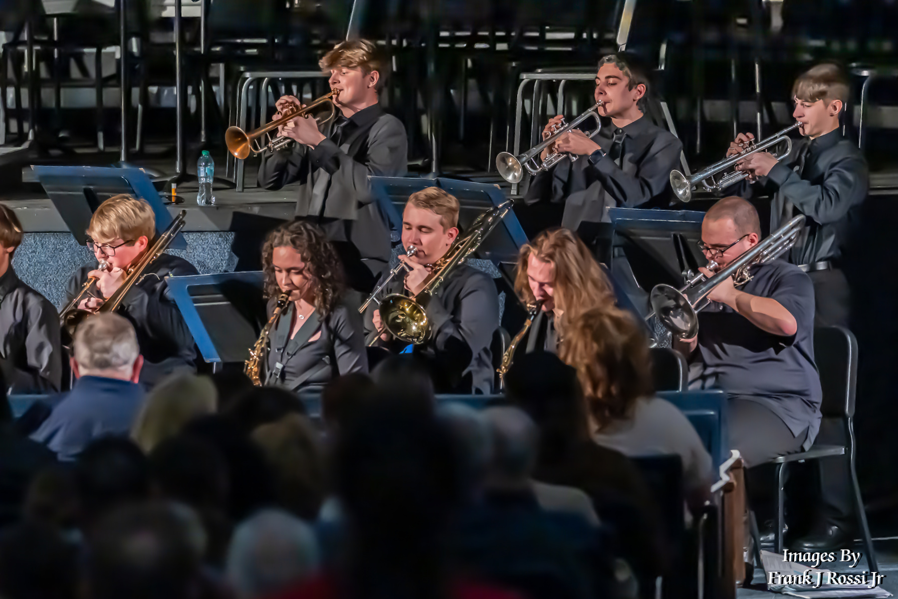 Eli playing the trombone in jazz band.